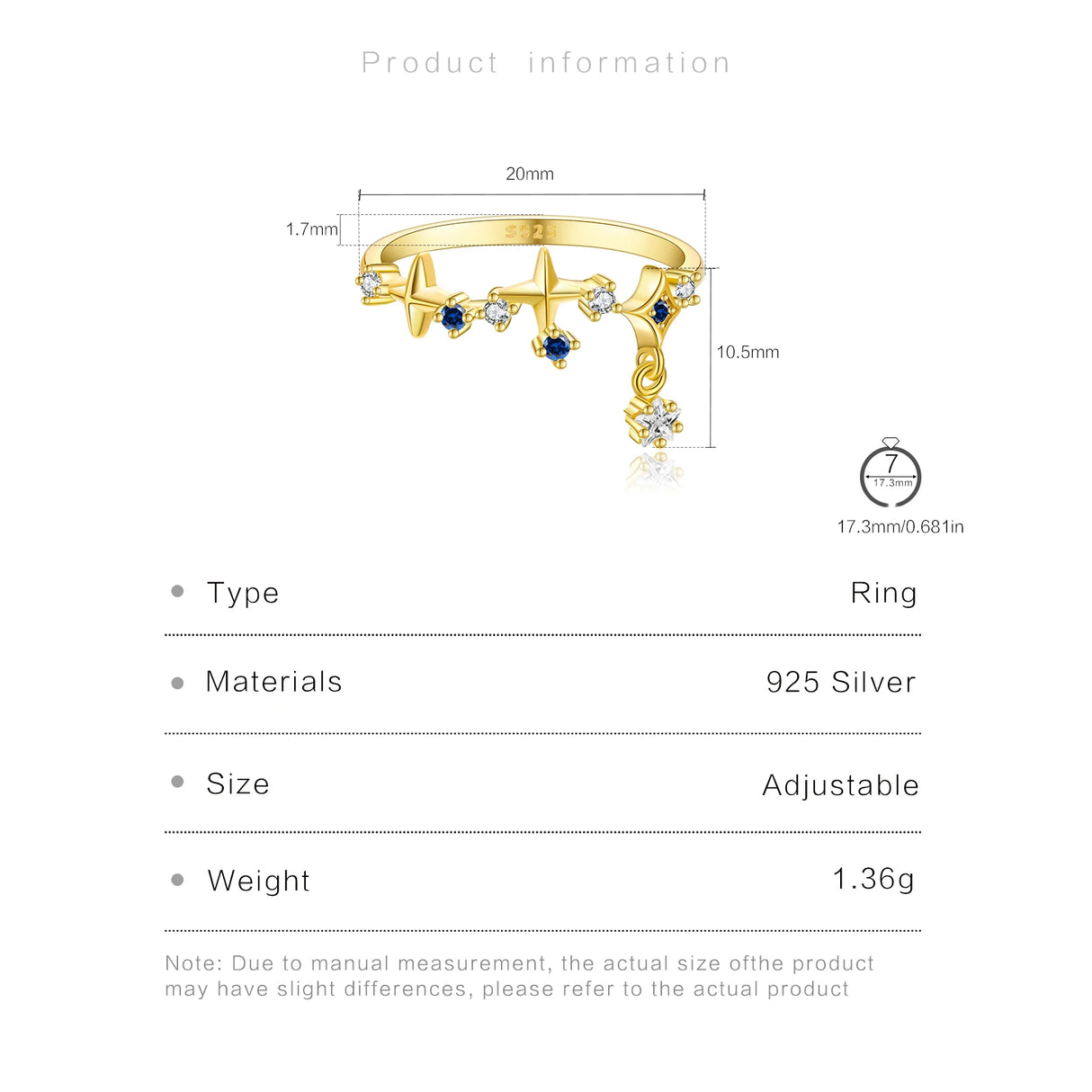 ANDYWEN 925 Sterling Silver Star Round Inlay Blue Zircon CZ Adjustable Open Ring Women Luxury Wedding Gift Dainty Jewelry - Lootquake