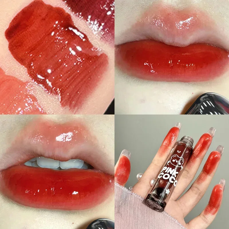 Lápiz labial líquido rojo oscuro con efecto espejo, color marrón rojizo, hidratante ligero, antiadherente, con alta pigmentación, maquillaje cosmético para labios.