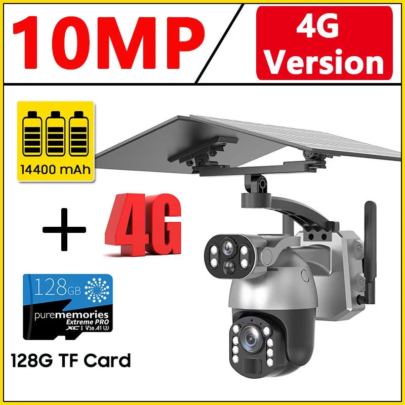 Caméra solaire 10 MP, zoom x50, double objectif, 4G, SIM, WIFI, surveillance extérieure, PTZ, détection humaine, enregistrement, vision nocturne
