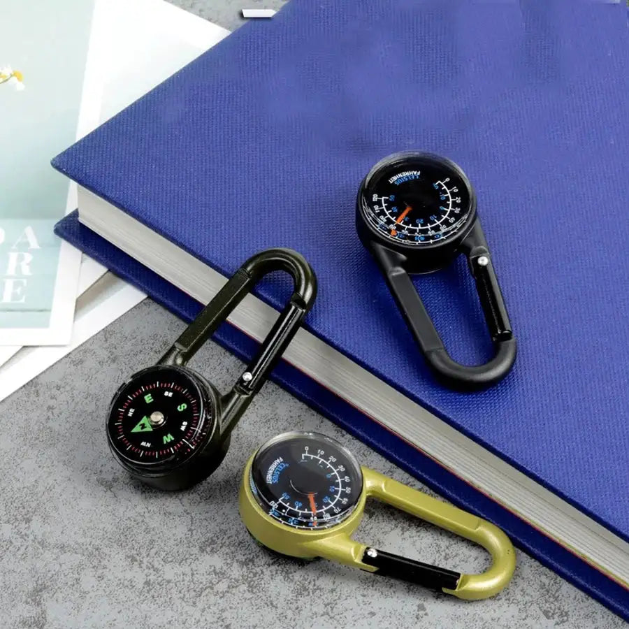 1 Pc Compass Thermometer Carabiner 3 in 1 Mini Compass Carabiner Clip Outdoor Hiking Survival Key Ring Double Sided Metal - Lootquake