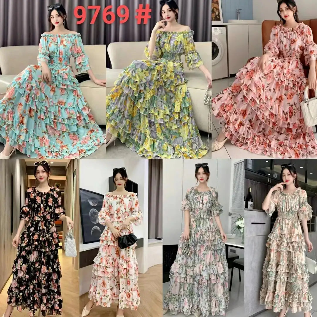 Summer New Off Shoulder Wrap Waist to Show Thin A-line Fragmented Cake Dress Women's Beach Vacation Chiffon Long Dress GD820 - Lootquake