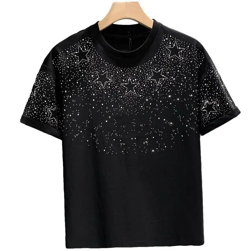Summer Rhinestone Rivet T-shirt for Men Clothing Round Neck Casual T-shirt Fashion High Street 2024 Men's Summer Short Sleeves - Lootquake