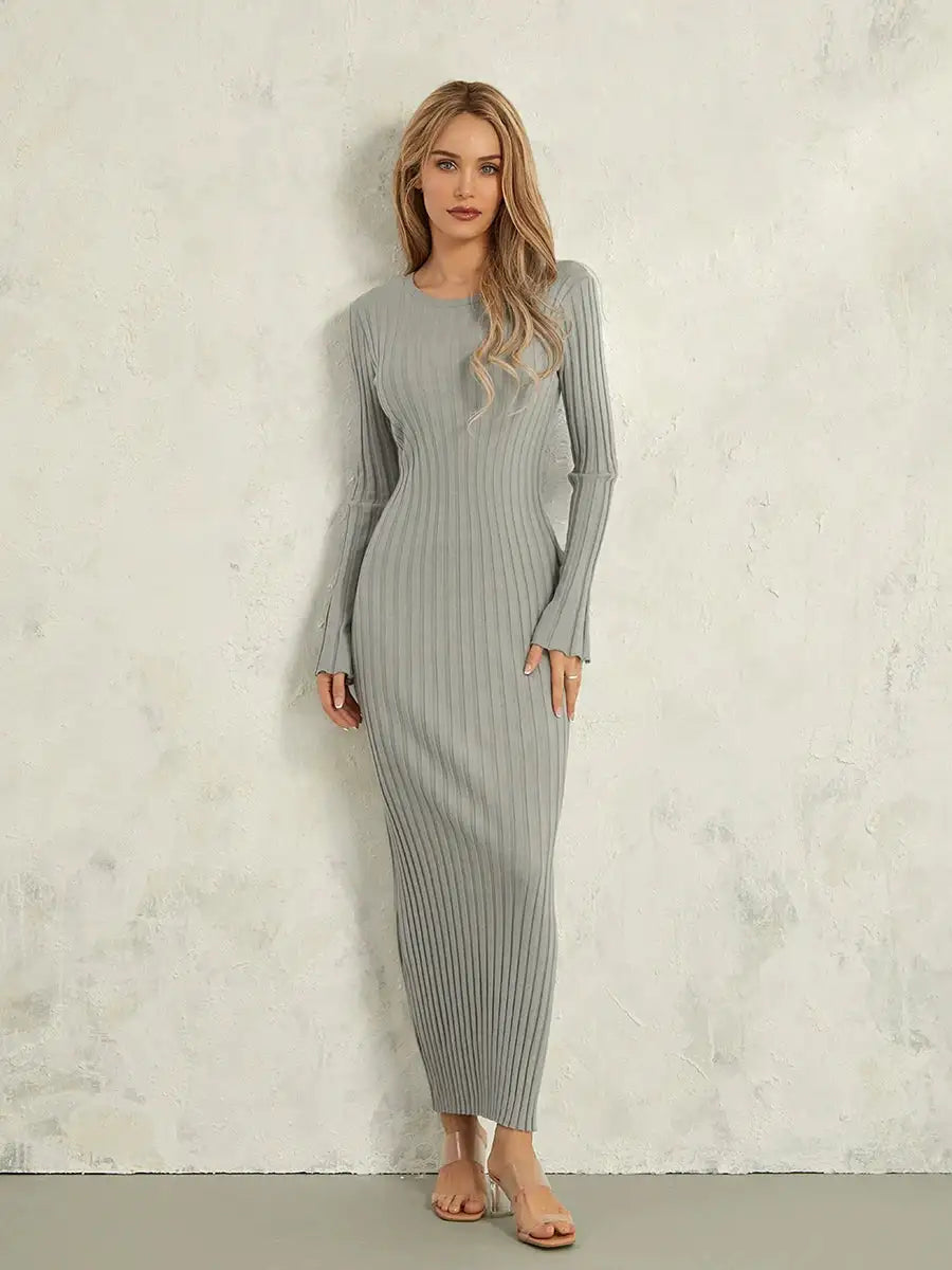 Women Spring Autumn Lace-up Knit Dress Elegant Long Sleeve Crew Neck Ribbed Solid Color Long Dress Streetwear - Lootquake