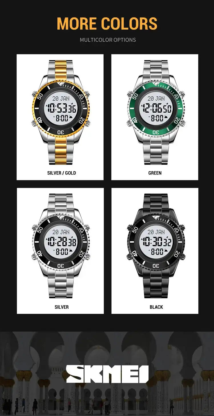 SKMEI 2141 Stainless Steel Digital Watche Muslim Azan Prayer Compass Clock Adhan Alarm Hijri Islamic Wristwatch with Back Light - Lootquake