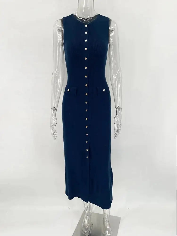 Fashion Knitted Long Dress For Women Elegant Sleeveless Button Maxi Sweater Bodycon Dresses Female Party Fashion Vestidos 2024 N - Lootquake