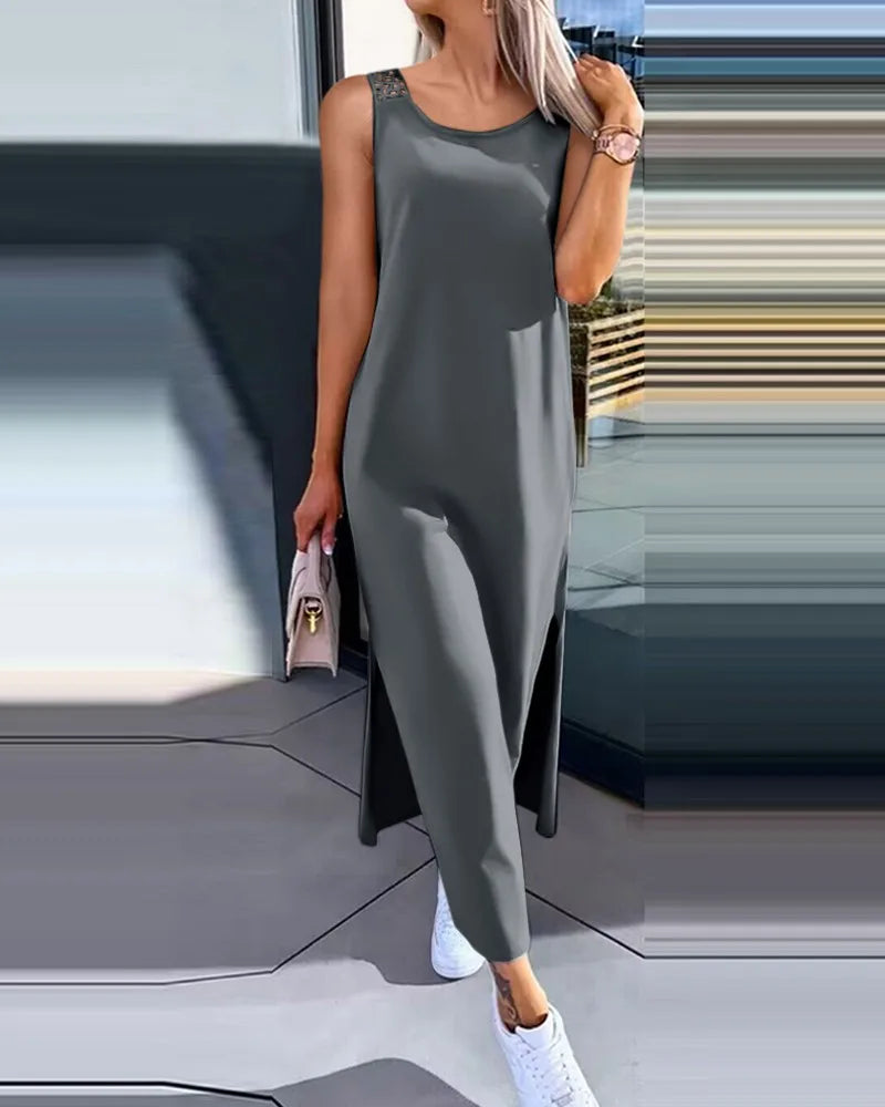 Hollow Out Solid Long Dress Women Fashion Sleeveless O-neck Maxi Dresses For Women 2024 Summer Women's Slim Split Vestidos Black - Lootquake