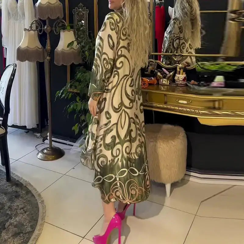 Vintage Fashion Printed V-neck Long Dress Women Spring Long-sleeved Loose Bohemian Dress Autumn Casual A-Line Maxi Dress Vestido - Lootquake