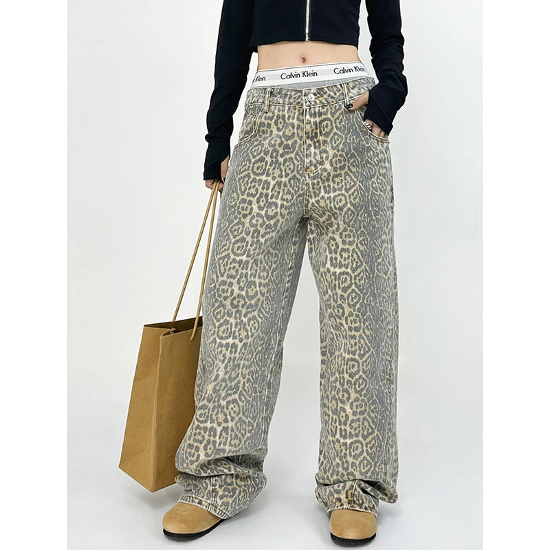 American Retro High Street Casual Overalls Leopard Print Loose Wide Leg Pants For Women Y2k Hip-hop Cargo Grunge Baggy Trousers - Lootquake