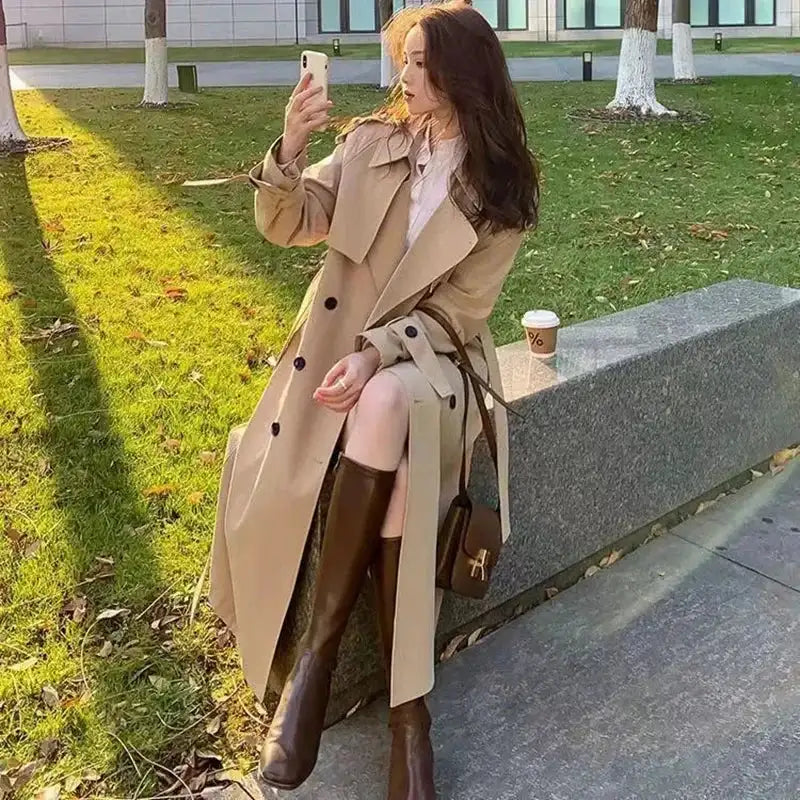 Streetwear Loose Trench Coat Midi Length Fashion Korean Elegant Khaki Black Women's Windbreaker Coat Casual Double Breasted Tops - Lootquake