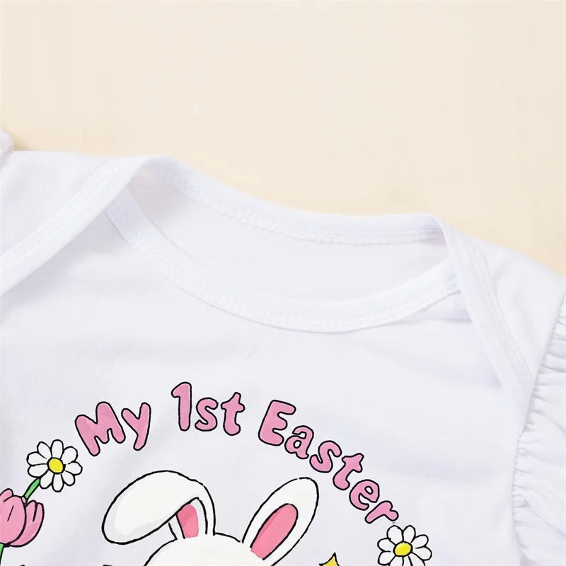 Toddler Girls Spring Floral Print Ruffle Sleeve Romper with Matching Bow Headband and Tulle Skirt - Easter Outfit - Lootquake