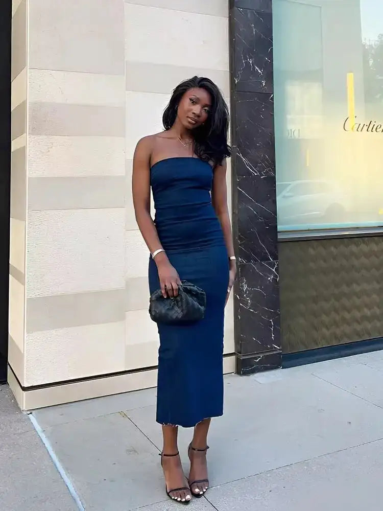 TRAF Off Shoulder Denim Dress Woman Blue Corset Long Dress Women Midi Bodycon Dresses For Women 2023 Elegant Party Dresses - Lootquake