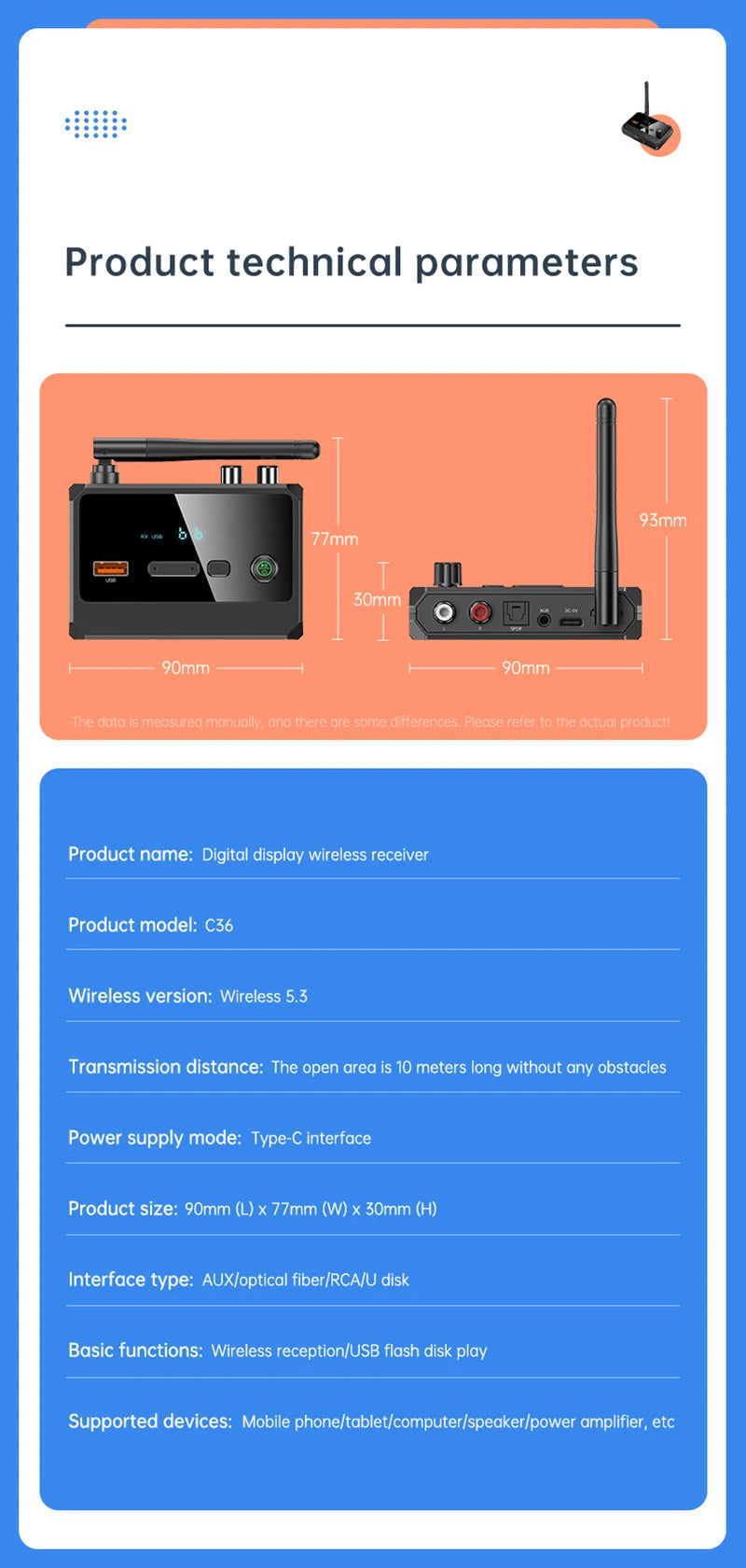 Receptor de audio Bluetooth 5.3 compatible con USB U-Disk Play, adaptador inalámbrico R/L, 2 RCA/3,5 mm AUX/fibra óptica para altavoz de kit de coche.