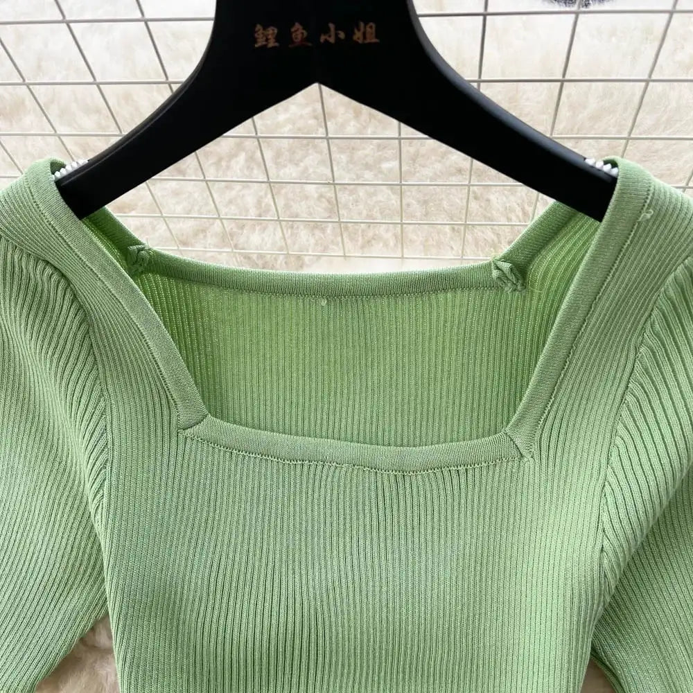 Green 2024 Sexy Summer Knit Short Sleeve Dress Women Squar Collar Waist Bodycon Sundress Female Beach Backless Long Dress - Lootquake