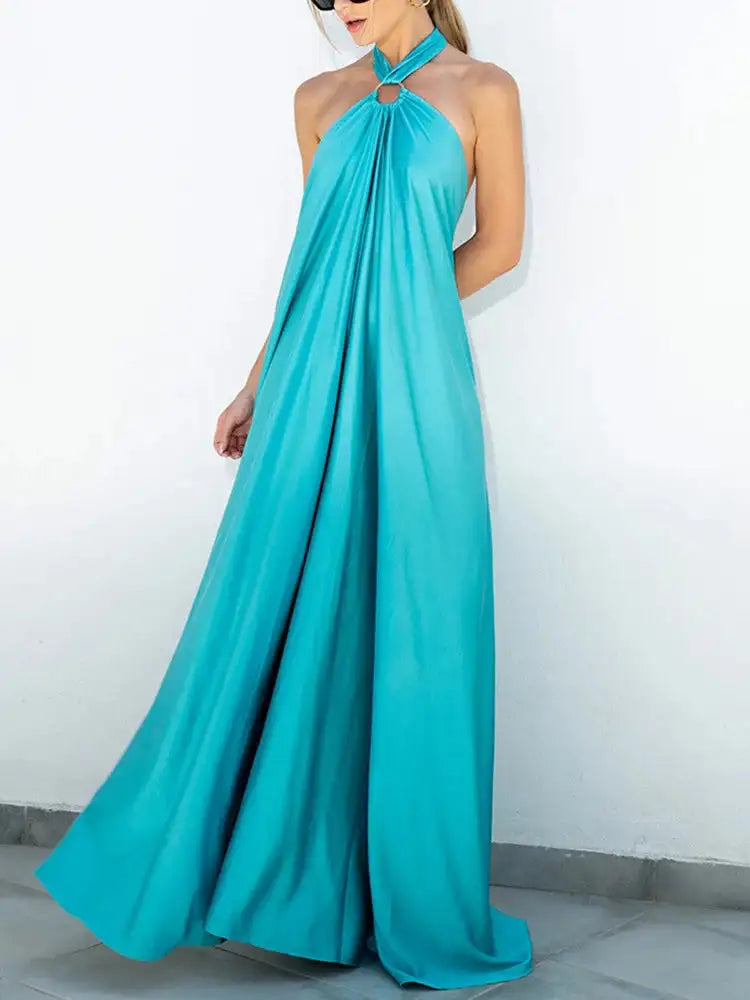 Elegant Women Solid Maxi Beach Dress Sexy Halter Neck Backless Lady Party Dress 2025 Summer Sleeveless Loose Long Dress Vestidos - Lootquake
