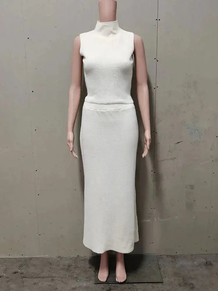 Conjunto elegante de dos piezas de punto Tossy: vestido largo, suéter acanalado y falda larga de patchwork suelta para mujer.