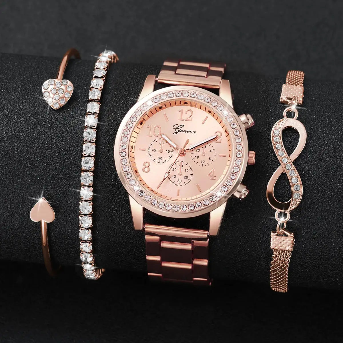 4PCS Fashion Women Watch Luxury Rhinestone Steel Band Ladies Quartz Watch Bracelet Set Relogio Feminino(Without Box) - Lootquake