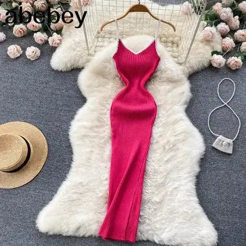 Summer V Neck Knit Sexy Strap Dress Women Elatic Waist Bodycon Sundress Female Beach Backless Maxi Long Dress
