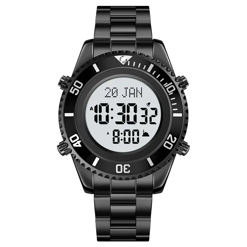 Reloj digital SKMEI 2141 de acero inoxidable con brújula para oración musulmana, alarma Adhan, Hijri, islámico, con luz de fondo