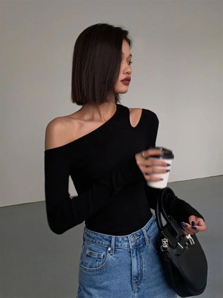 Fashion Skew Collar Off-shoulder Long-sleeved T-shirts Women Spring 2025 New Solid Slim Fit Crop Top Sexy Hollow Out Tees Shirts - Lootquake