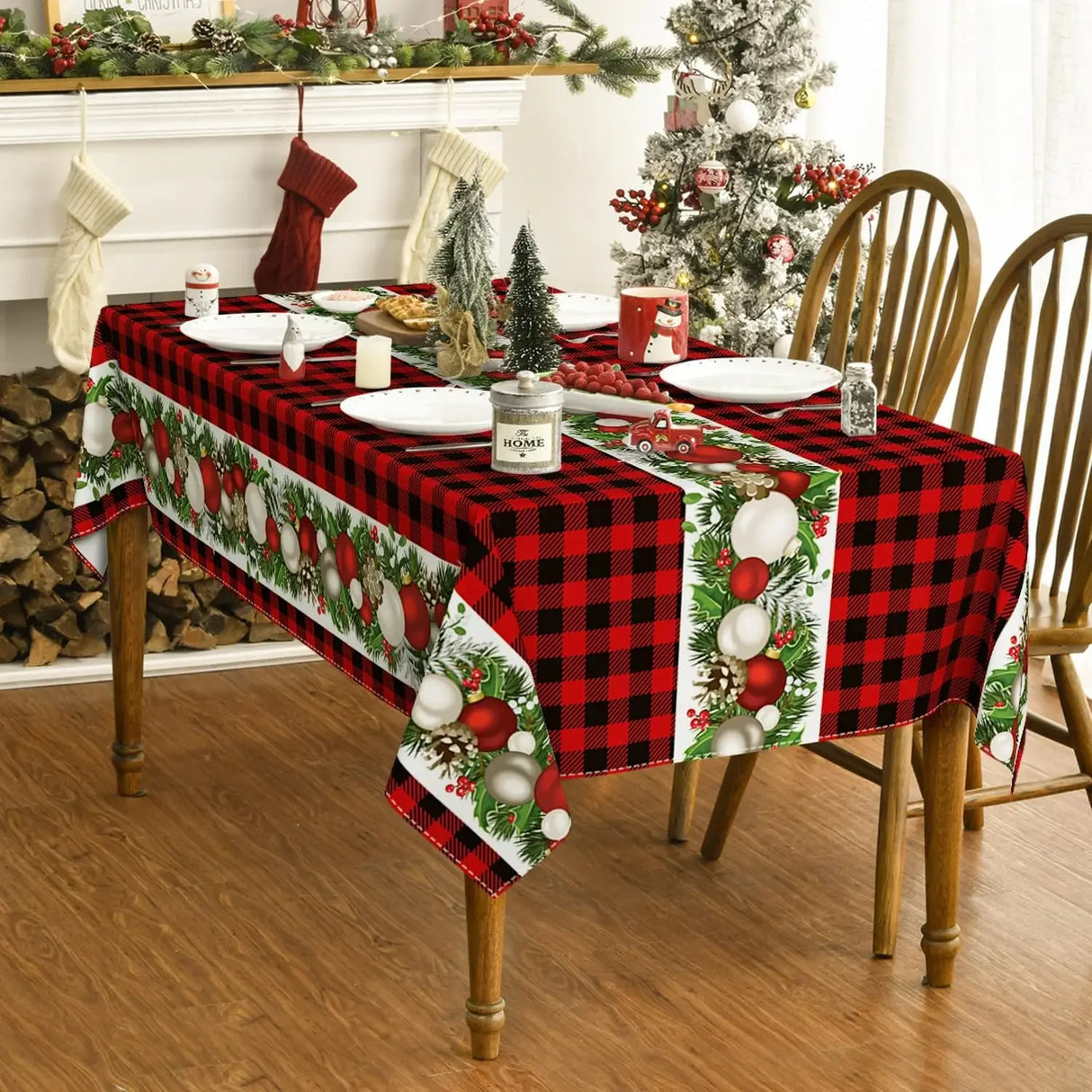 Adornos navideños de bolas con diseño de búfalo rojo, mantel rectangular a cuadros, decoración para comedor, mantel reutilizable, decoración para fiestas navideñas