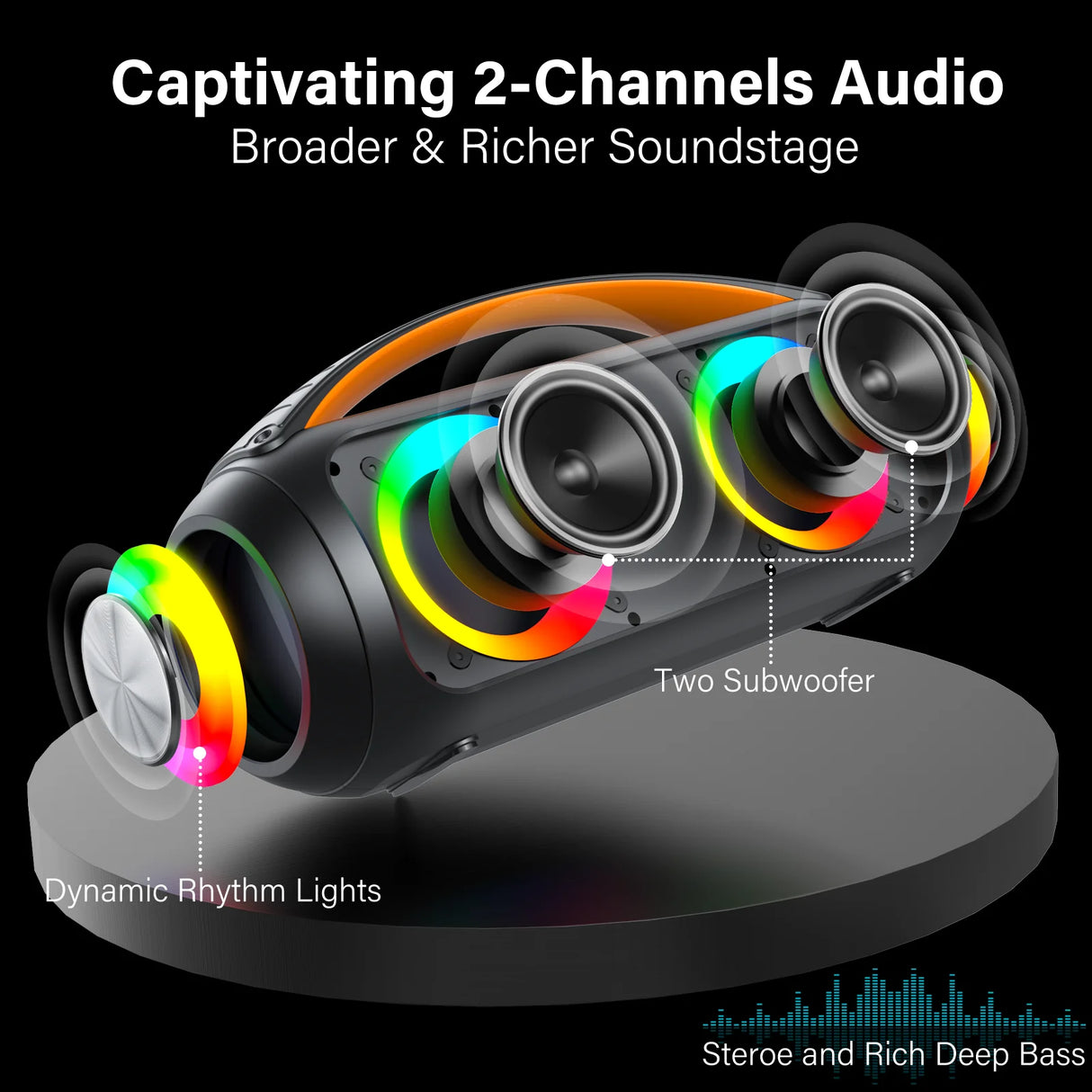 Altavoz inalámbrico portátil Bluetooth, altavoz boombox potente con subwoofer, sonido estéreo de graves profundos y potente, resistente al agua IP65.