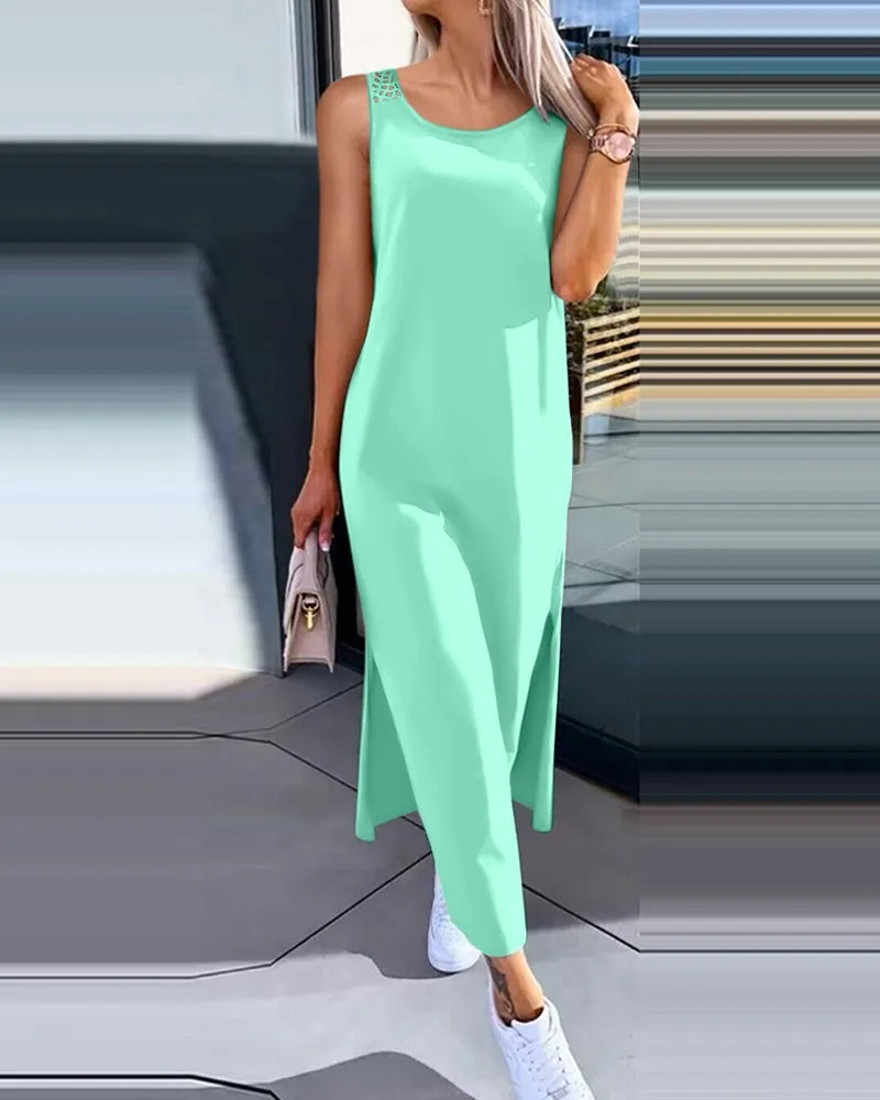 Hollow Out Solid Long Dress Women Fashion Sleeveless O-neck Maxi Dresses For Women 2024 Summer Women's Slim Split Vestidos Black - Lootquake