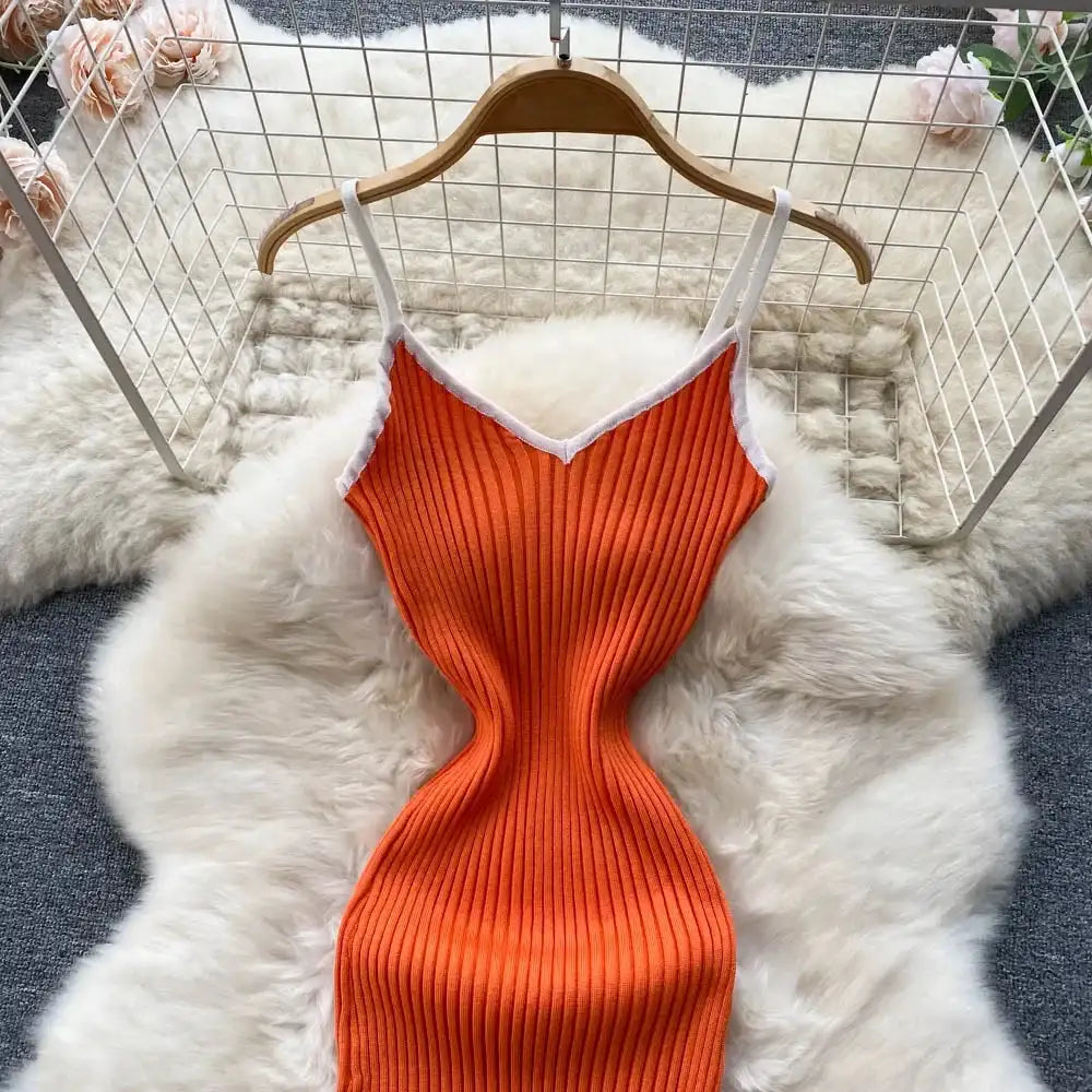 Summer V Neck Knit Sexy Strap Dress Women Elatic Waist Bodycon Sundress Female Beach Backless Maxi Long Dress - Lootquake