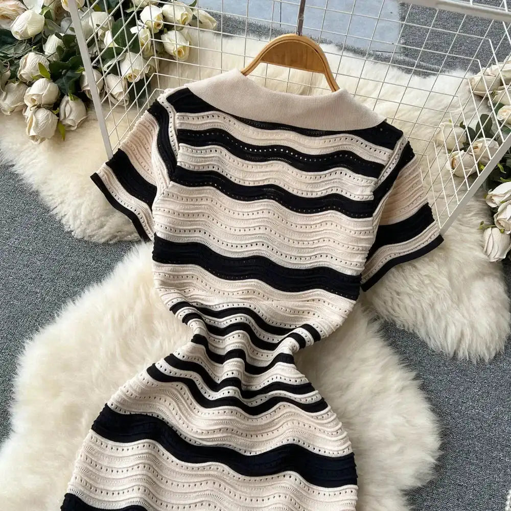 Short Sleeves Striped Long Dress Lapel Neck Hollow Out Slim Bodycon Sundress Fashion Hotsweet Knitted Beach Midi Dress - Lootquake