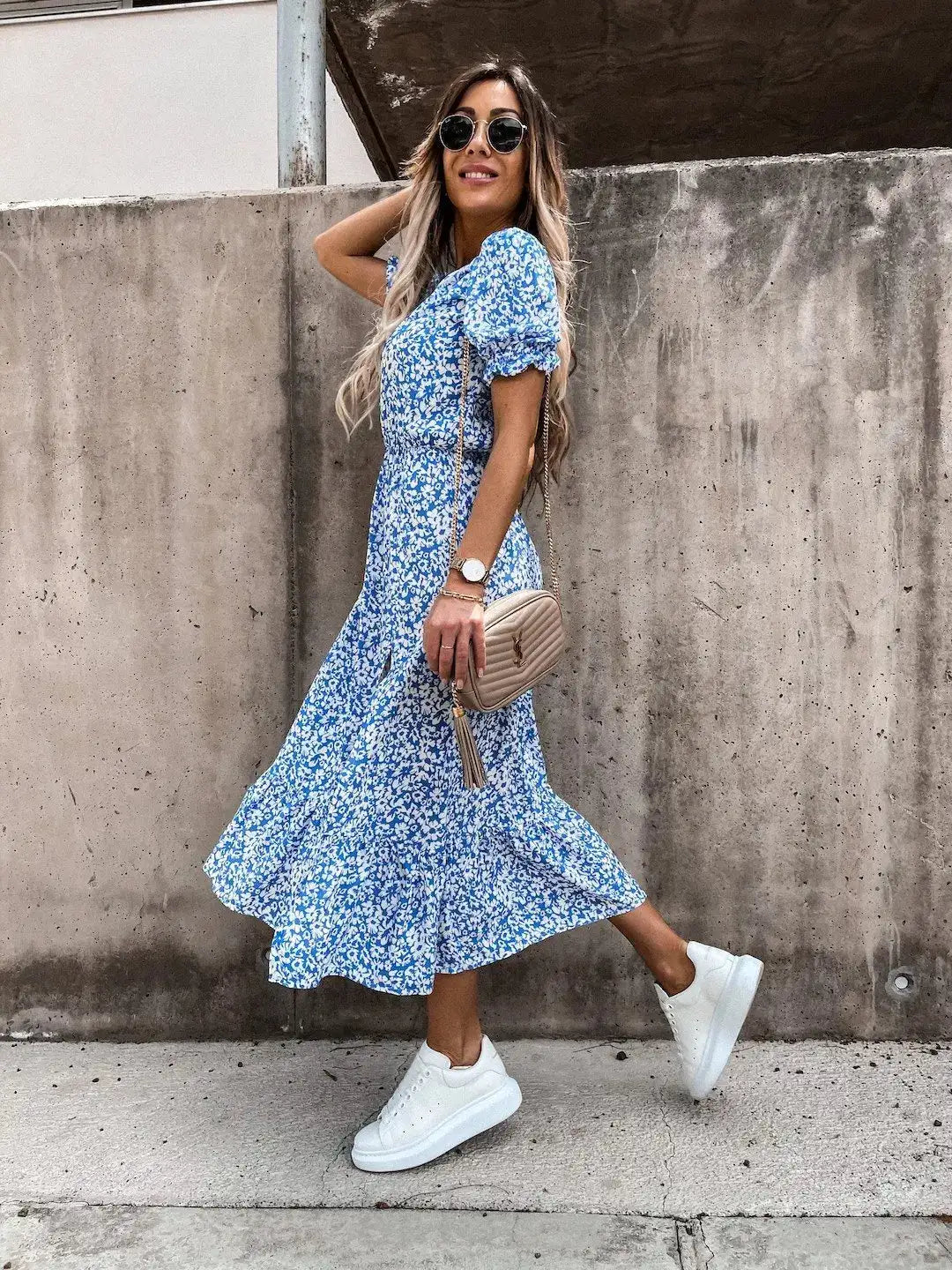 Summer Floral Print Dress Women V Neck Side Slit Long Dress Elegant Short Sleeve Button Slim Spring Female Party Dress Vestidos - Lootquake