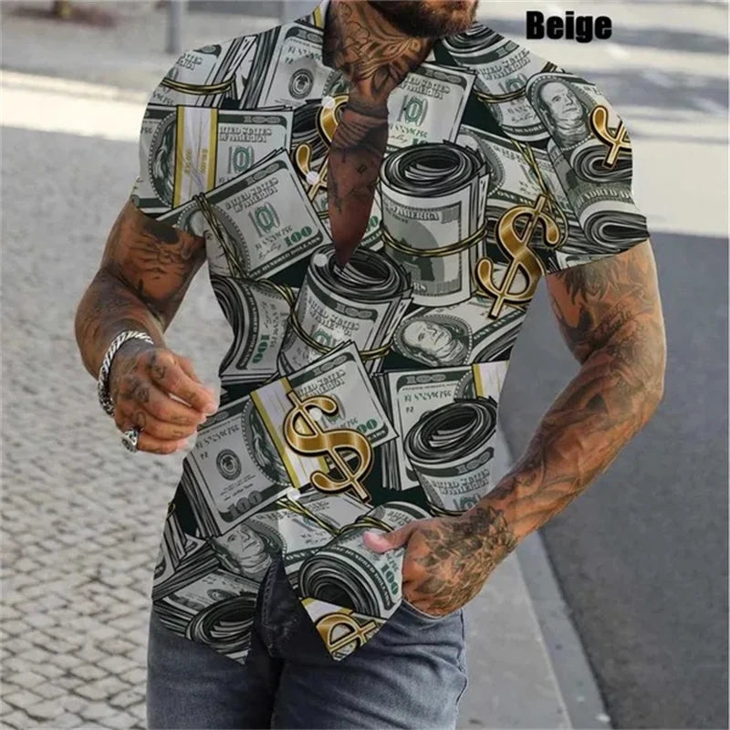 3D Print Dollar Pattern Shirts For Men Summer Short Sleeve Slim-Fit Button Up Casual Shirts Streetwear Mens Shirt Blouses Tops - Lootquake