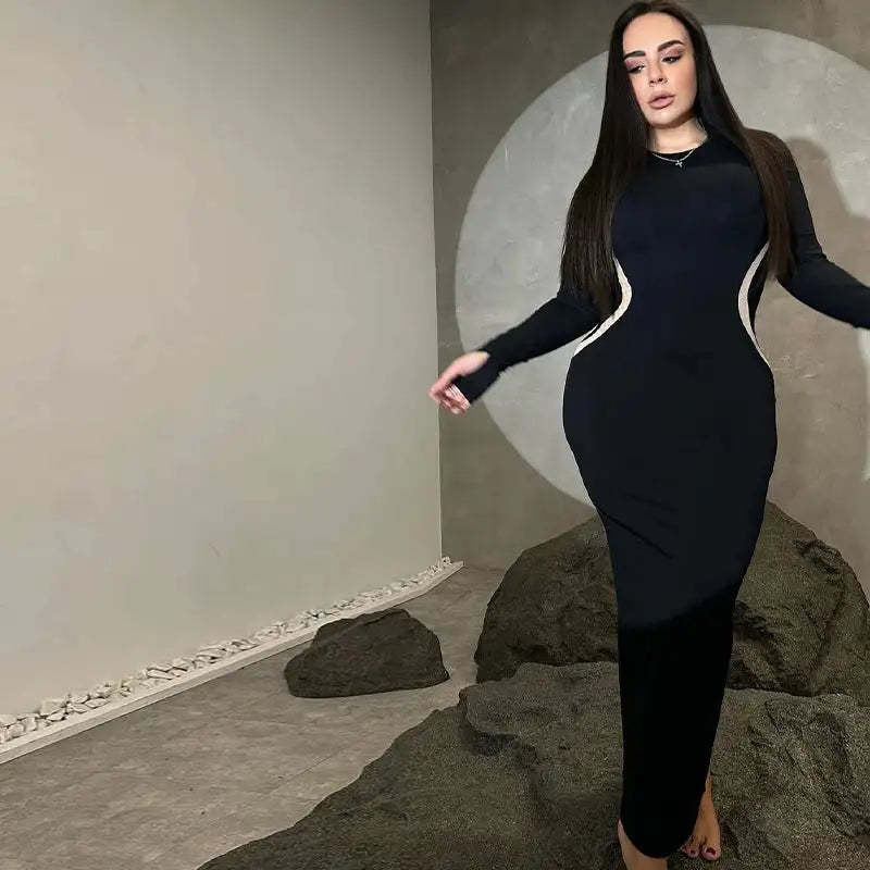 Hawthaw Women 2023 Autumn Winter Long Sleeve Party Club Streetwear Bodycon Black Long Dress Wholesale Items For Business - Lootquake