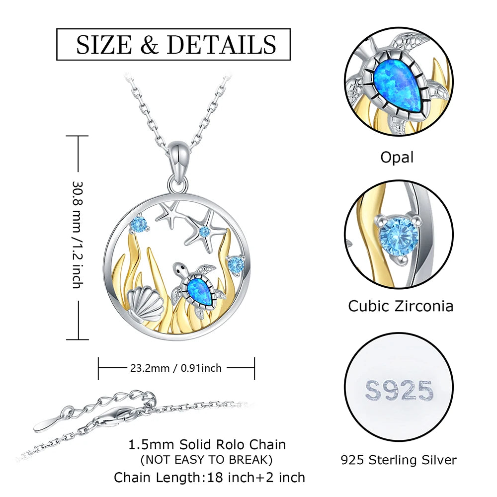 925 Sterling Silver Opal Sea Turtle Starfish Necklace Ocean Beach Necklace Mother Daughter Pendant Animal Jewelry Gift for Women - Lootquake