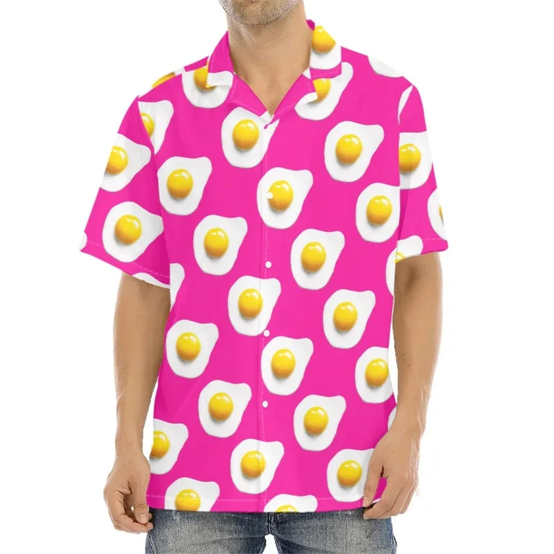 Funny Fried Egg Pattern Print Hawaiian Shirts For Men Summer Short Sleeve Holiday Beach Shirt 3d Print Mens Blouse Shirt - Lootquake