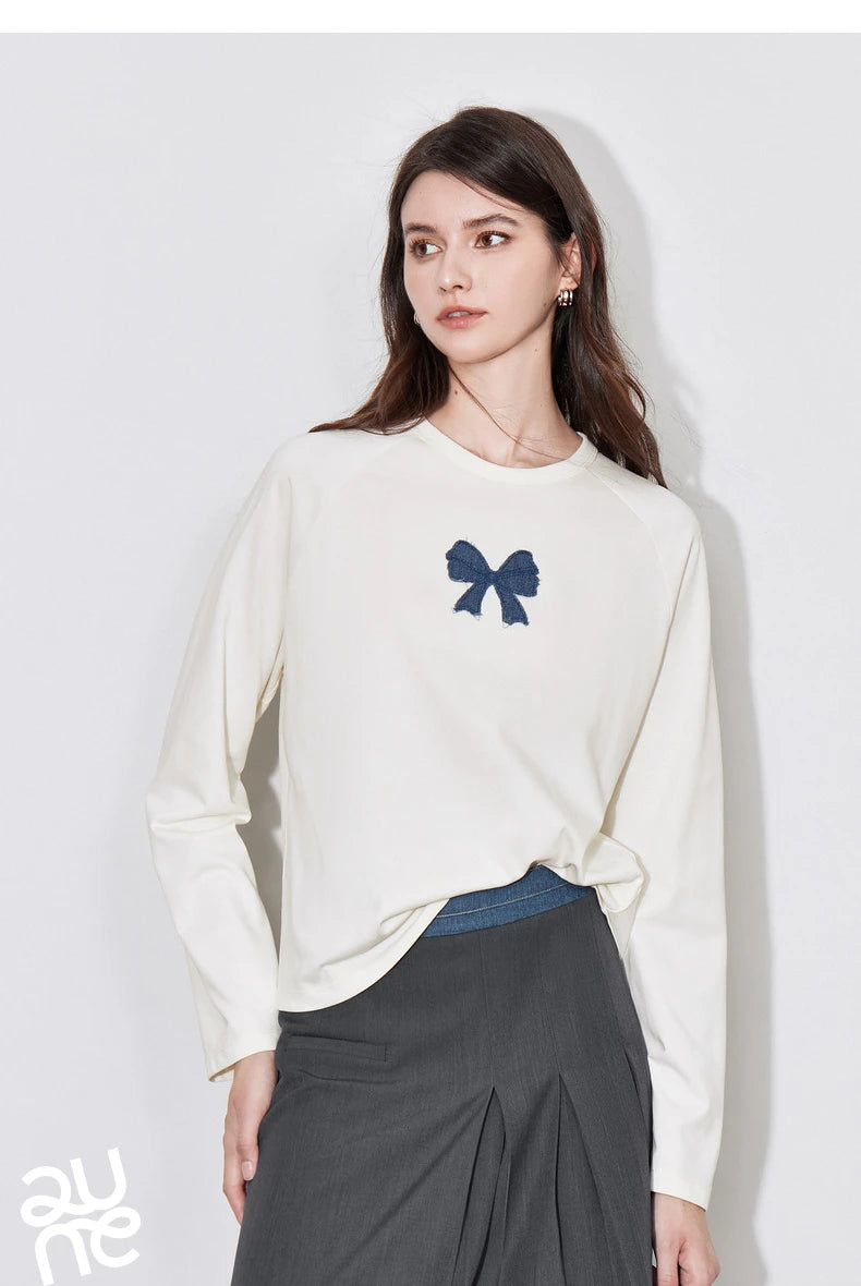 TOYOUTH Women T-shirt 2024 Autumn New Denim Bow Contrasting Color Raglan Sleeve Pullover Casual Tops - Lootquake