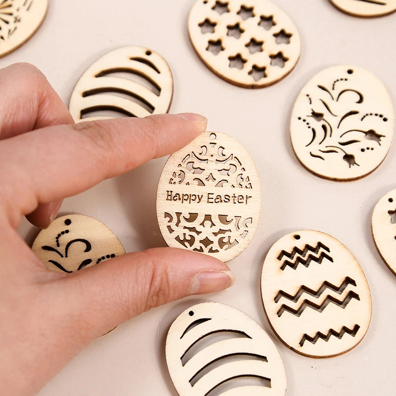 25/50Pcs Easter Eggs Wooden DIY Craft Hanging Ornaments Hollowed Wood Chips Happy Easter Party Decorations For Home Kids Gift - Lootquake