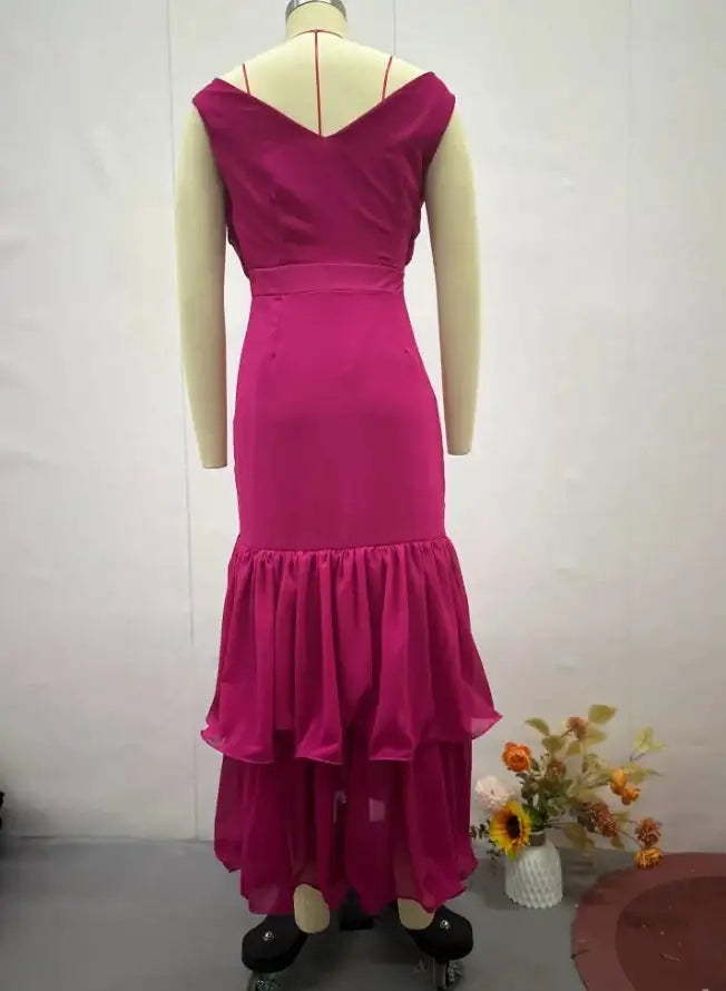 Womens Dresses 2025 Spring New Sweet Style Solid Color High Waist Ruched V-Neck Sleeveless Casual Ruffle Hem Daily Long Dress - Lootquake