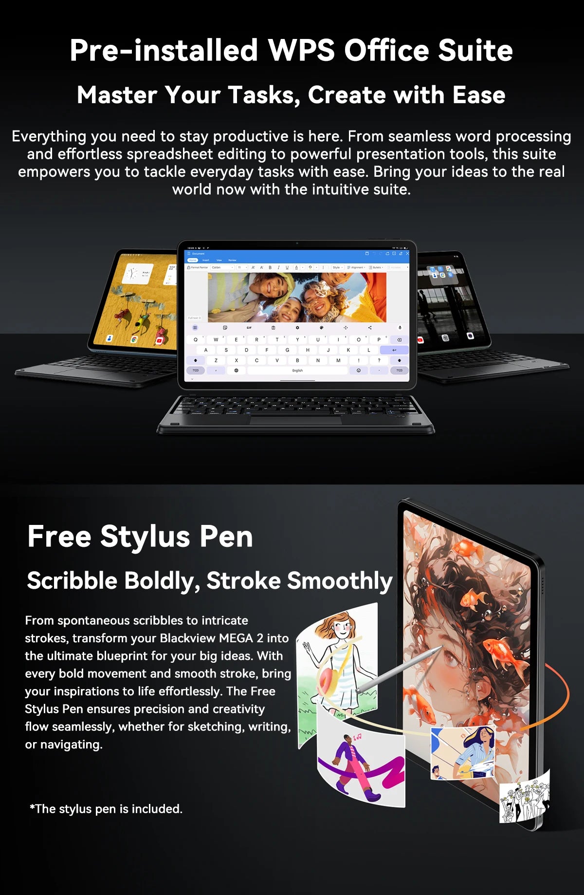 Tablettes Blackview MEGA 2 12 pouces 2K écran Widevine L1 24 Go (8 + 16) Android 15 256 Go 9000 mAh AI caméra principale Pad PC