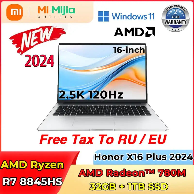 HONOR MagicBook X16 Plus 2024 Laptop AMD Ryzen R7 8845HS 16GB 32GB 512GB 1TB 16" Inch 60Hz/120Hz Notebook Ultrabook Computer PC - Lootquake