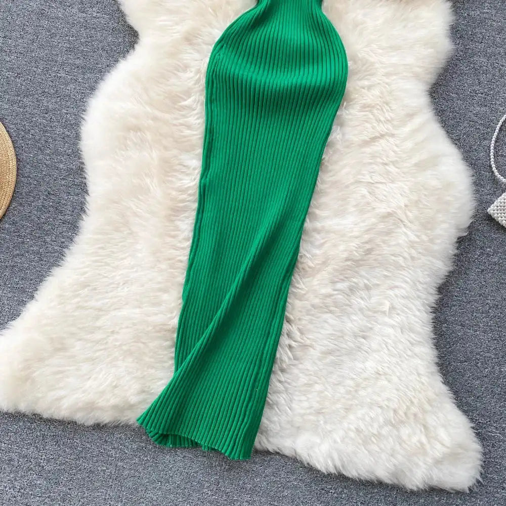 Summer V Neck Knit Sexy Strap Dress Women Elatic Waist Bodycon Sundress Female Beach Backless Maxi Long Dress