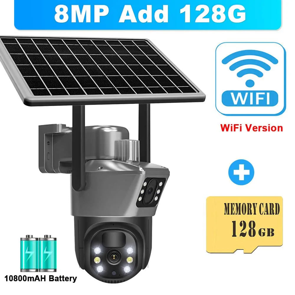 Caméra de surveillance extérieure sans fil WiFi 8MP 4K avec panneau solaire et double objectif PTZ IP