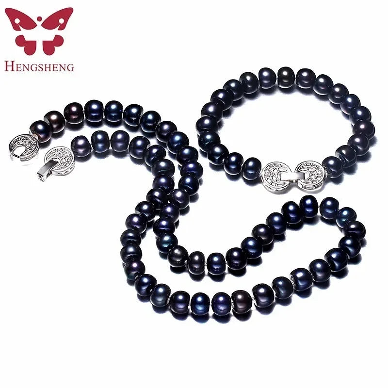 Women Natural Black Freshwater Pearl Jewelry Sets,925 Sterling Silver Necklace&Bracelet,9-10mm Beads Jewelry,Life Tree Buckle - Lootquake