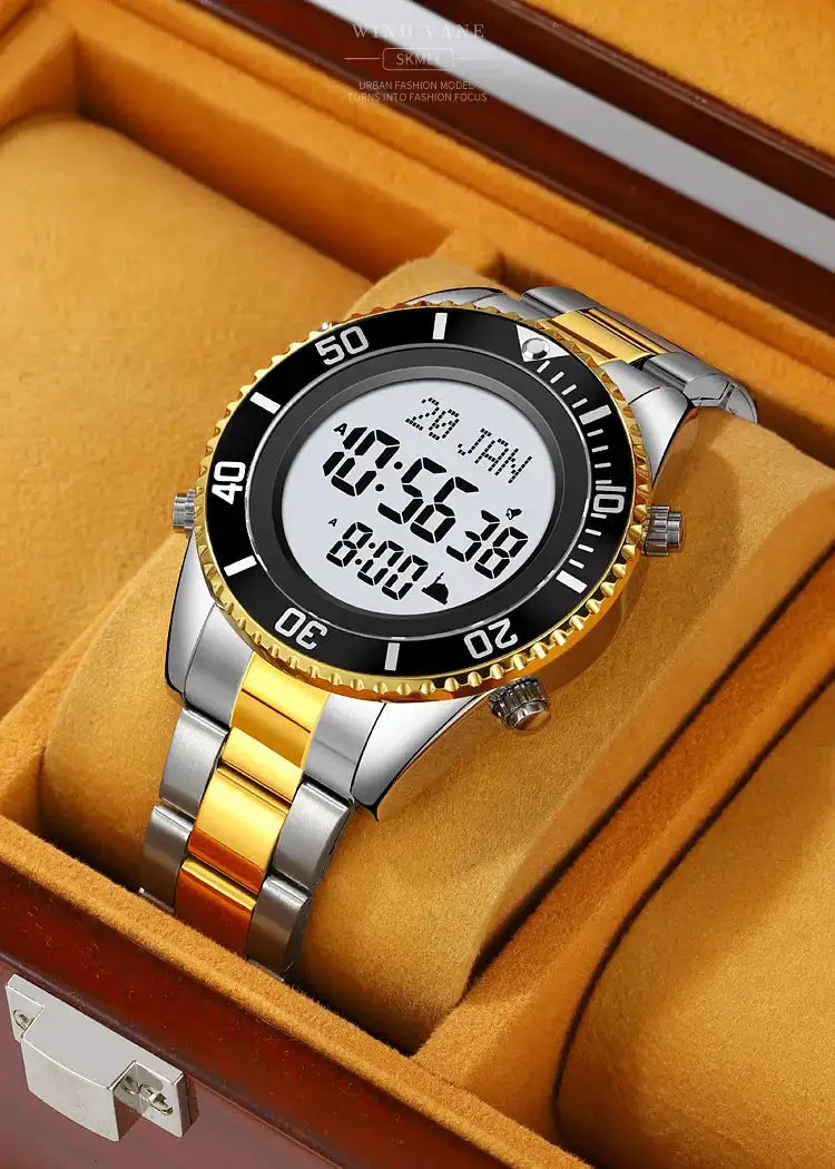 SKMEI 2141 Stainless Steel Digital Watche Muslim Azan Prayer Compass Clock Adhan Alarm Hijri Islamic Wristwatch with Back Light - Lootquake