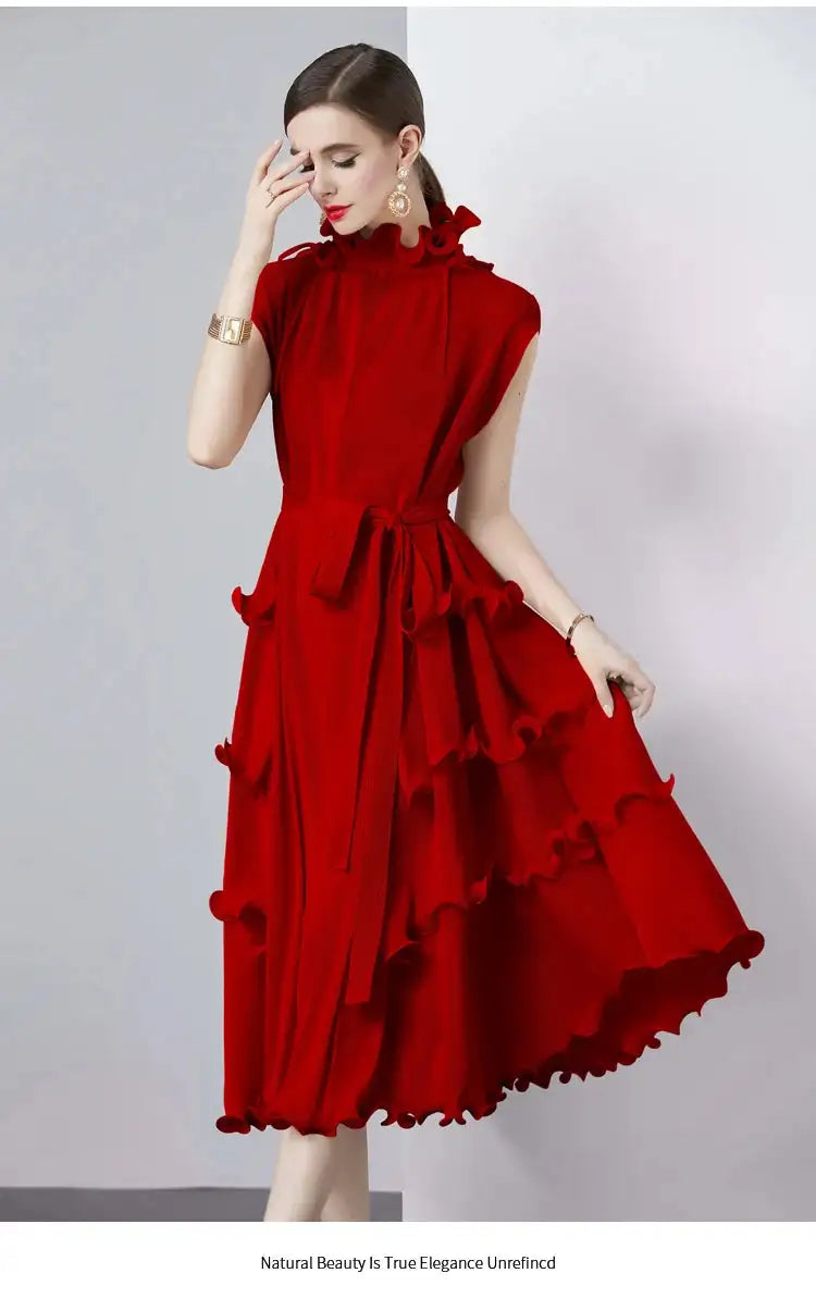 Miyake Pleated Shoulder Bag Heavy Industry Wood Ear Edge Pleated Lace-up Belt Long Dress Stand Collar Plus Size Women's Clothing - Lootquake