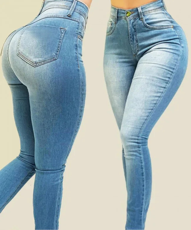 Woman's pure color jeans denim high waist jeans street play cultivate one's morality pants shaping figure with high waist jeans - Lootquake