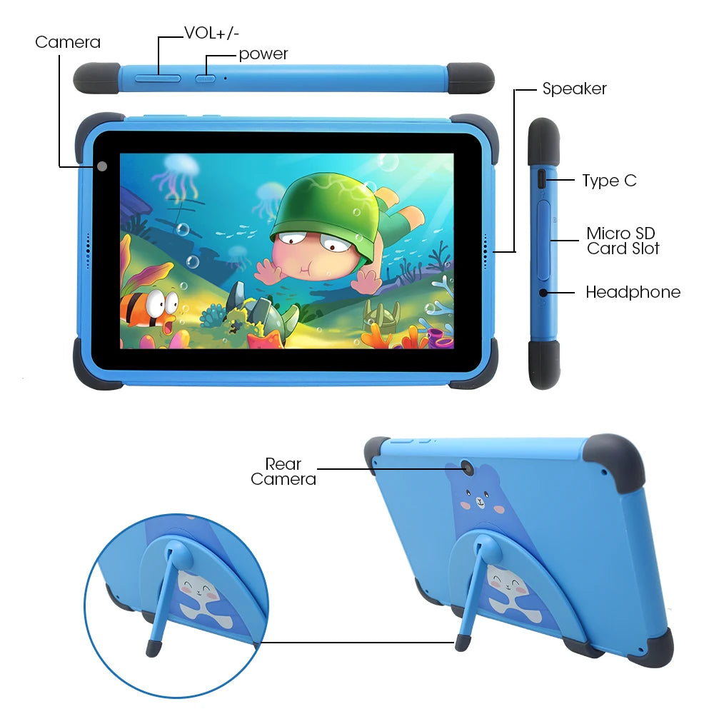 Tablette enfant Weelikeit 8 pouces Android 11 1280x800 IPS 2 Go 32 Go Quad Core 4500 mAh Wi-Fi avec support