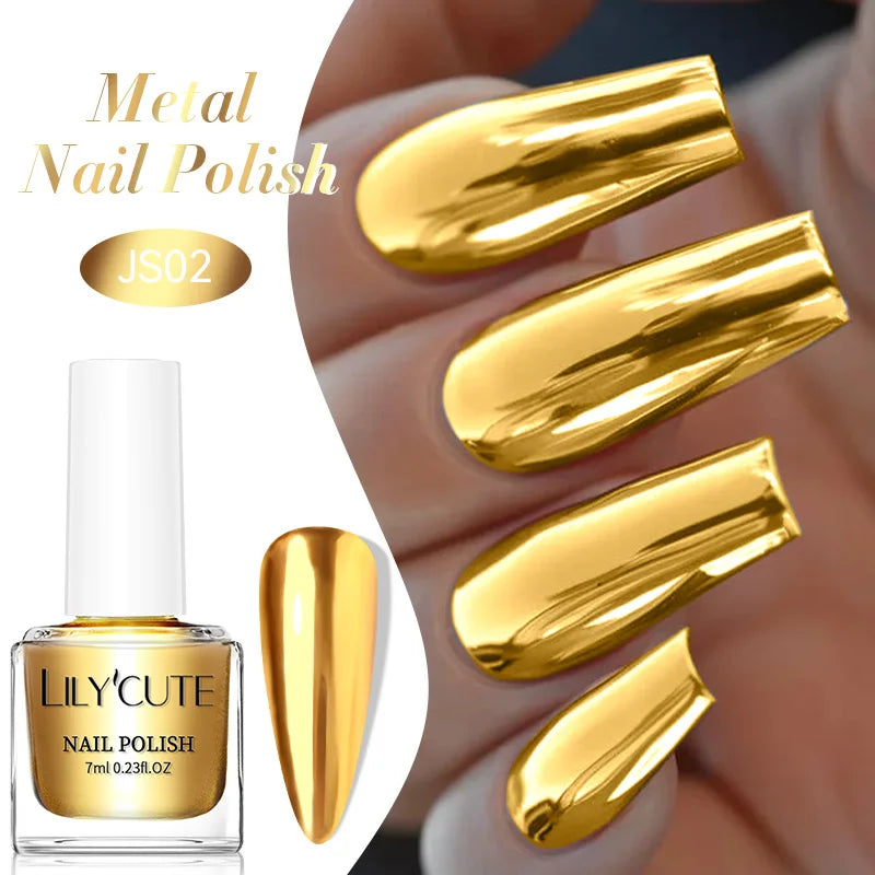 LILYCUTE 7ML Super Bright Gold Metallic Nail Polish No Need Lamp Quick Dry French Style Glass Bottle Manicure Nail Art Varnish