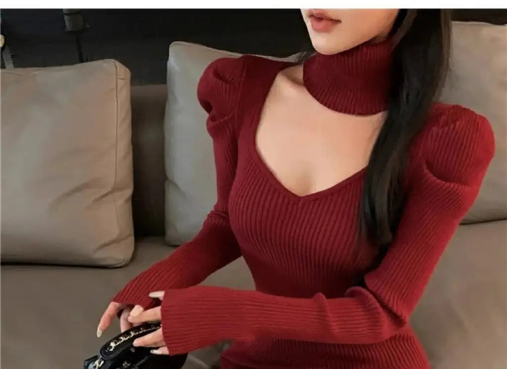 YuooMuoo Chic Fashion Elegant Knitted Long Dress with Neck Scarf 2024 Autumn Winter Ribbed Office Lady Bodycon Sweater Vestidos - Lootquake