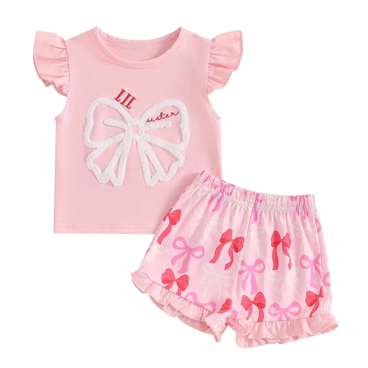 Cute Matching Baby Toddler Brother Outfit Bow Fly Sleeve Tops Elastic Waist Ruffle Shorts 2 Piece Summer Set for Siblings - Lootquake