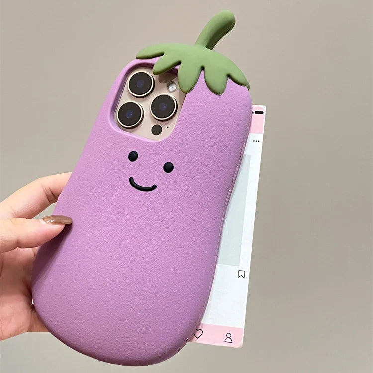 Funda de silicona suave para teléfono con diseño de berenjena feliz kawaii