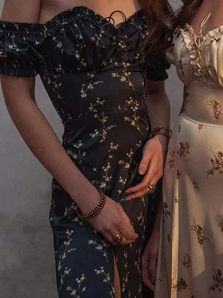 Slash neck Floral Print Split Beach Dress Women Summer Elegant Ruffles Party Long Dress Vestidos S~3XL - Lootquake